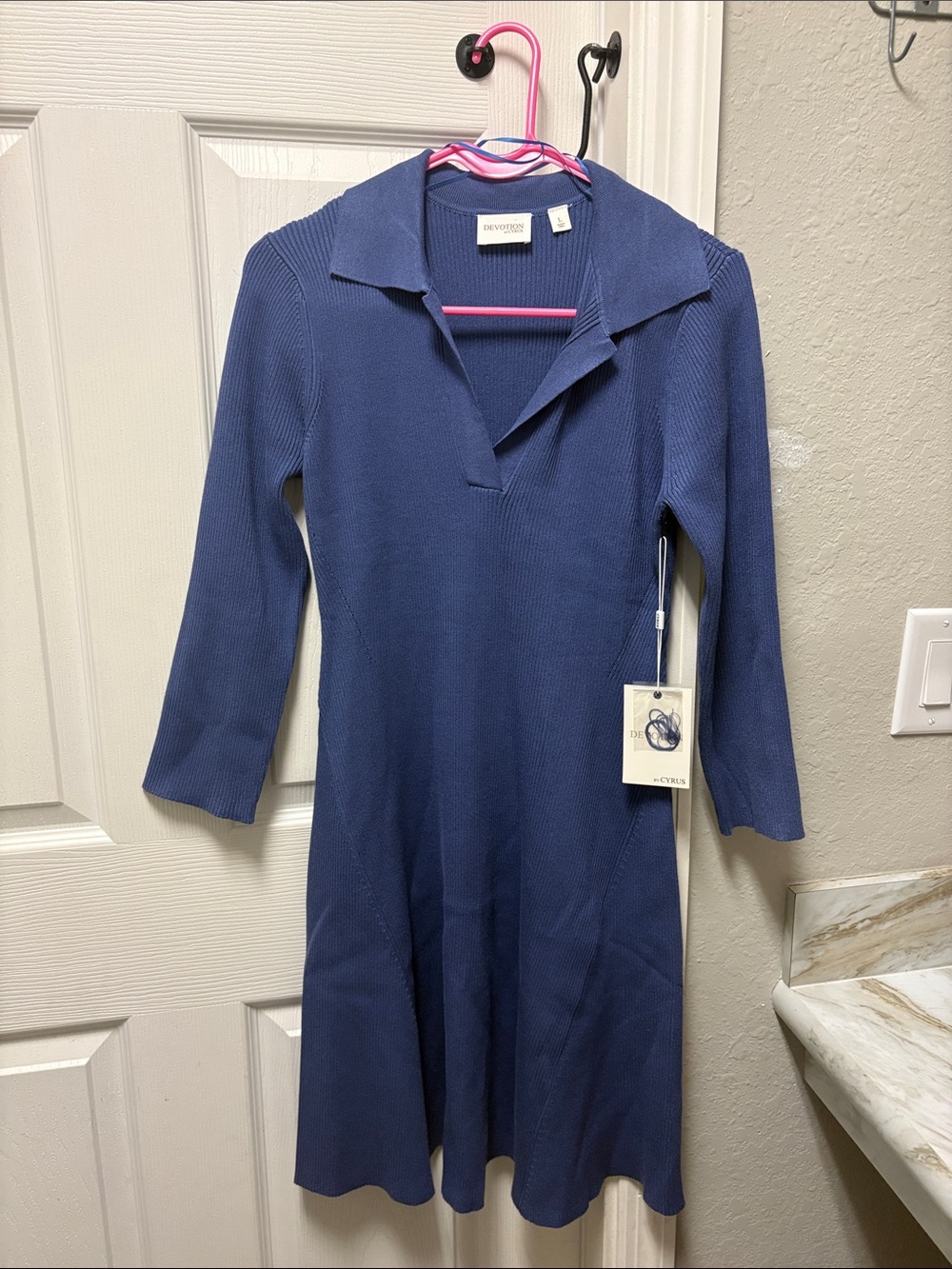 Devotion by Cyrus Navy Ribbed Knit Collared Dress